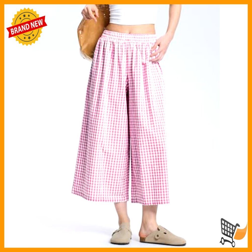 Wide Leg Capri Pants Cotton Gingham Plaid Culottes Elastic Waist Palazzo - Picture 3 of 7